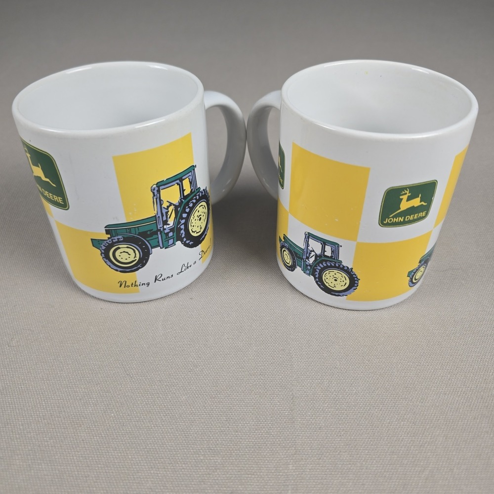 Set of 2 Vintage John Deere Coffee Mugs Gibson Tractor Yellow Checker 11oz Cups